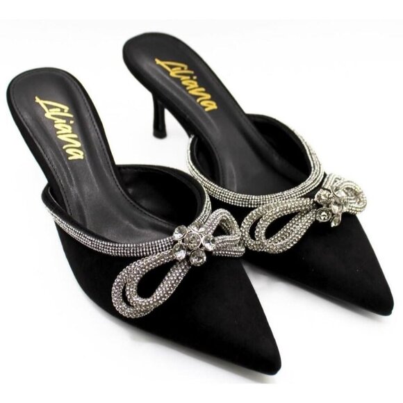 LILIANA / Romantiq 1 / Black / Rhinestone / Bow / Embellished / Slip-On Mule Hee - Picture 1 of 8
